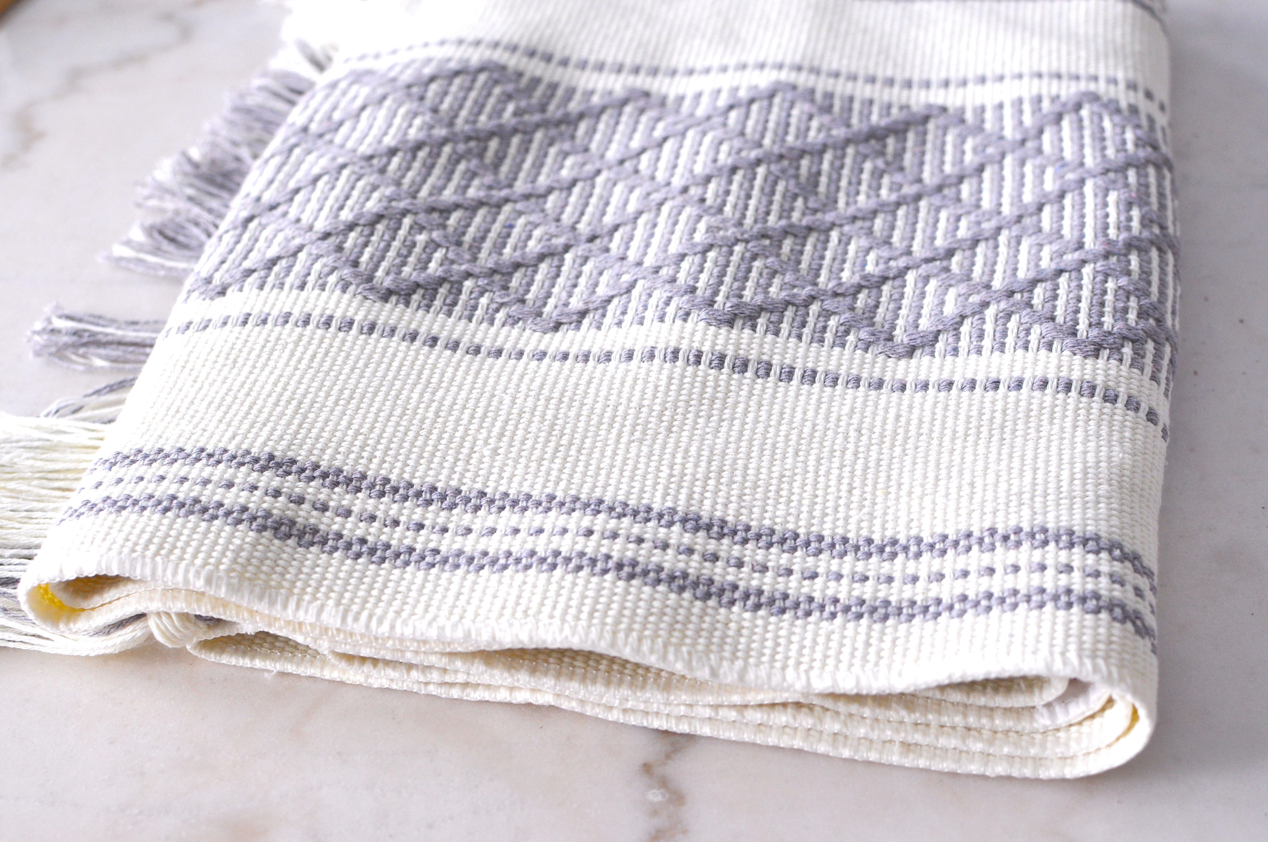 Small Coffee Table Runner with Tassels 14x48 Inches, Grey & Off White | Cotton Woven Washable Boho Dresser Scarf for Bedroom | Farmhouse Console Tabletop Centerpiece Boho Decorations