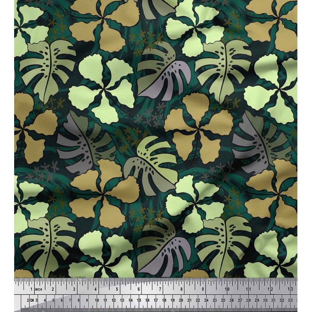 Soimoi Cotton Cambric Fabric Floral & Monstera Leaves Printed Fabric 1 Yard 56 Inch Wide