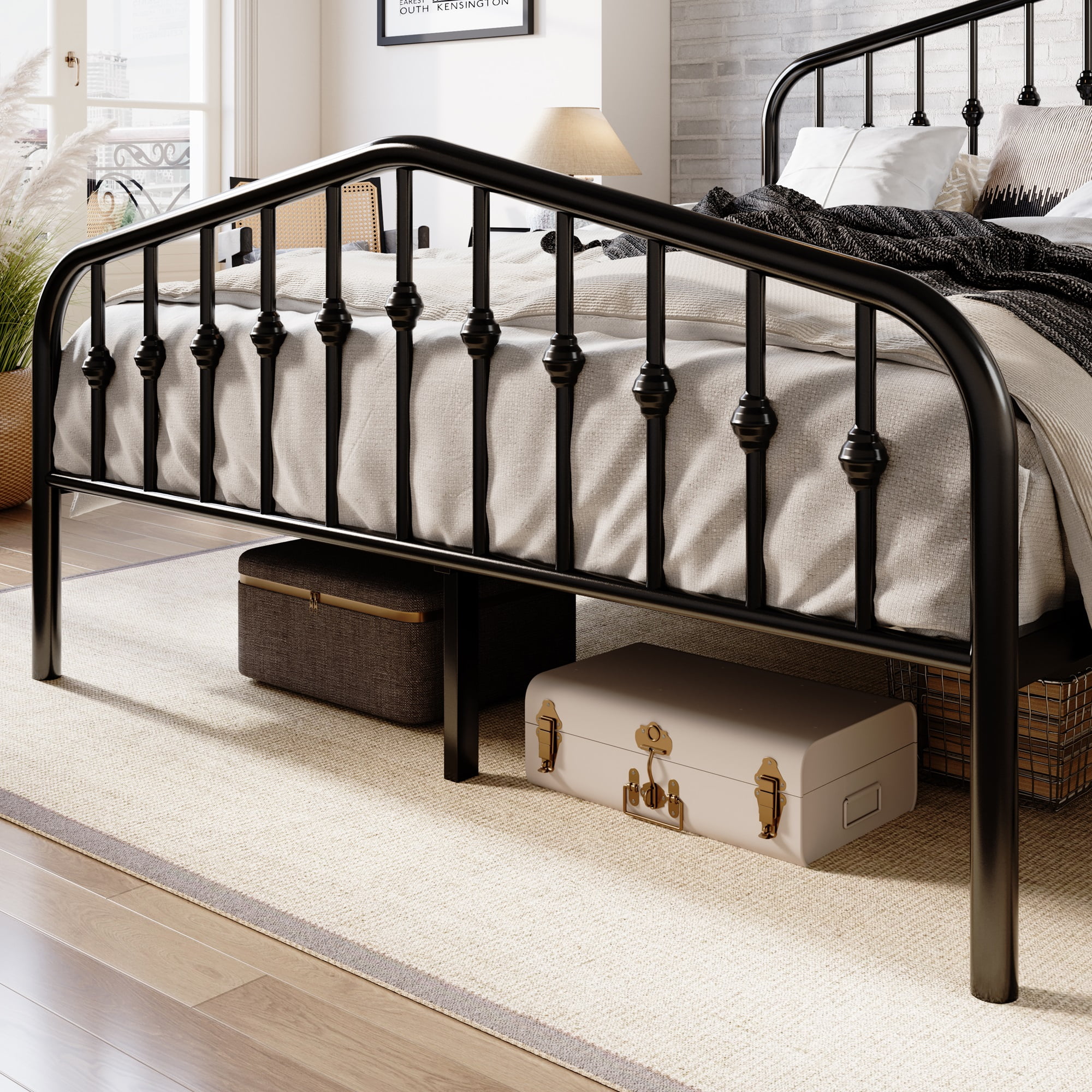 Amolife Queen Size Metal Platform Bed Frame with Victorian Vintage Headboard & Footboard, Black