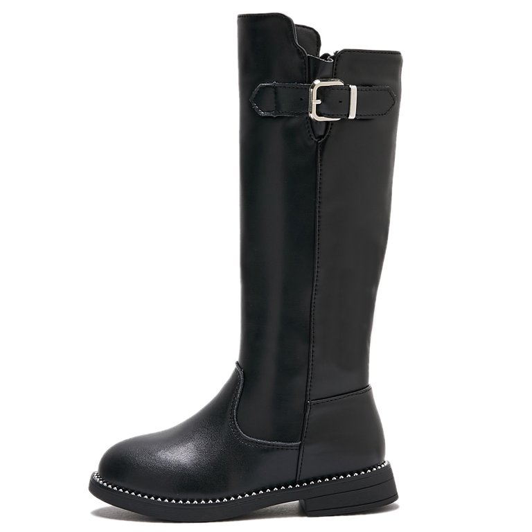【Anyone more】Rail banding fur padded boots DADAWEN Girls Black Knee High Boots Waterproof Leather Faux