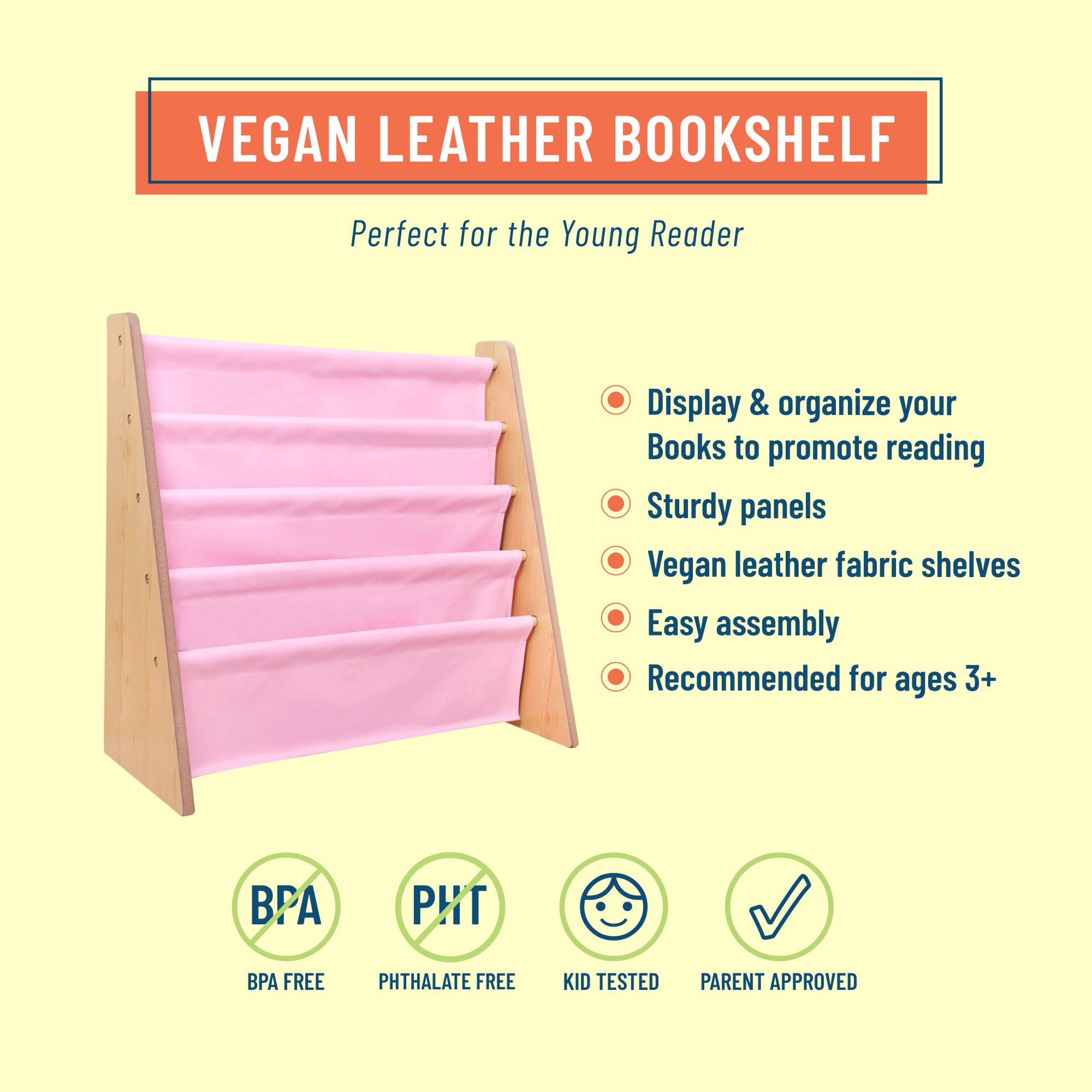 Wildkin Vegan Leather Original Sling Bookshelf - Natural Wood w/ Light Pink