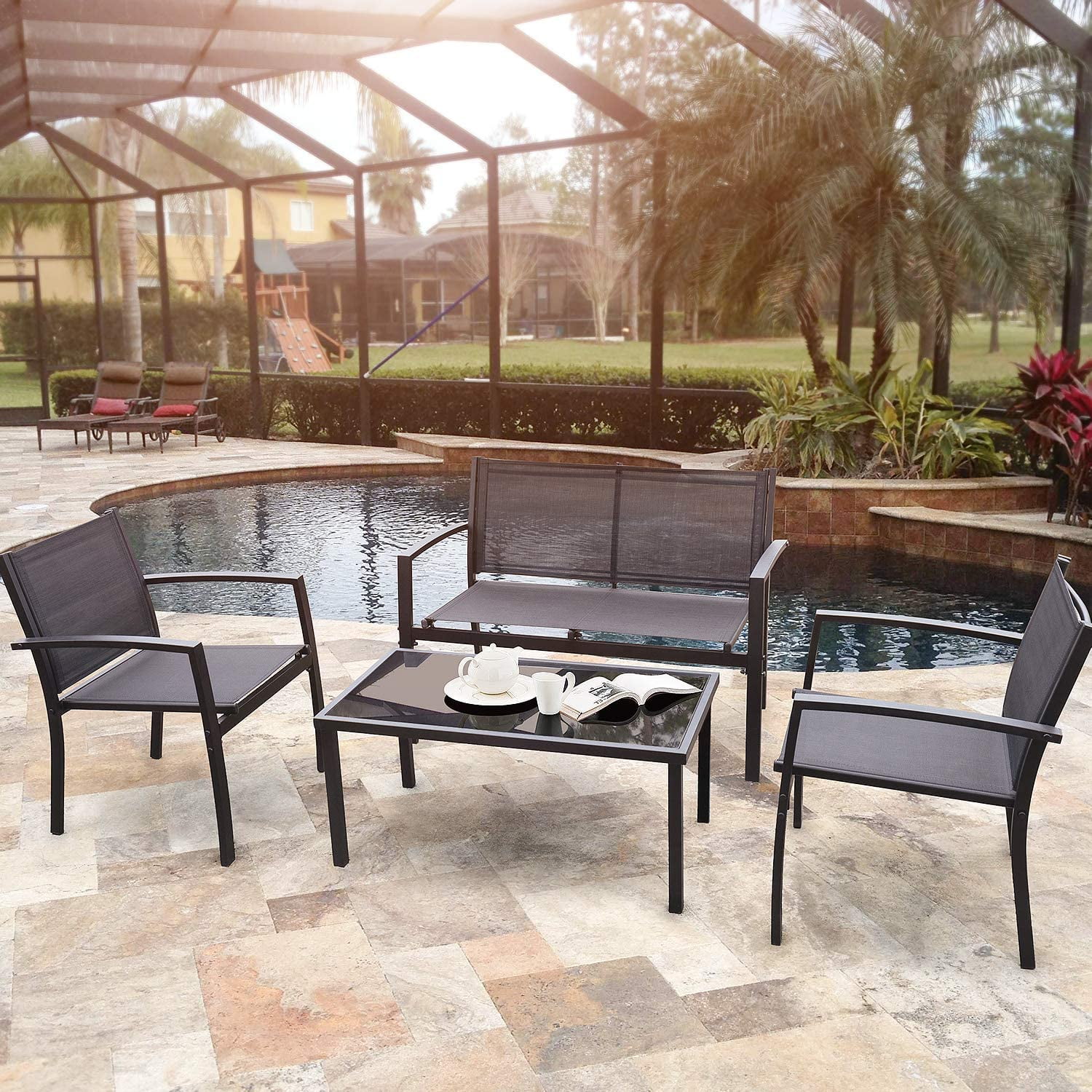 Devoko 4 Pieces Patio Furniture Outdoor furniture Outdoor Patio Furniture Set Textilene Bistro Set Modern Conversation Set Black Bistro Set with Loveseat Tea Table for Home, Lawn and Balcony (Black)