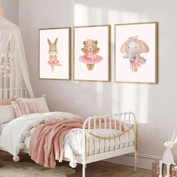 Pink Ballerina Animals Canvas Wall Hieng Cute Elephant Bunny Bear Wall Decor Pictures Nursery Baby Room Posters Prints for Girls Room Bedroom Home Decoration
