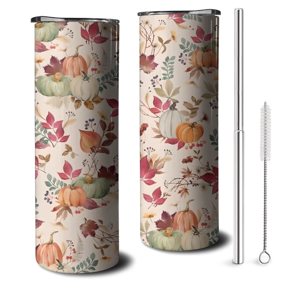 20oz Fall Pumpkins Leaves Pattern Skinny Tumblers Stainless Steel Tumbler with Lid and Straw,Vacuum Insulated Double Wall Travel Tumbler Cups with Cleaning Brush for Coffee,Tea