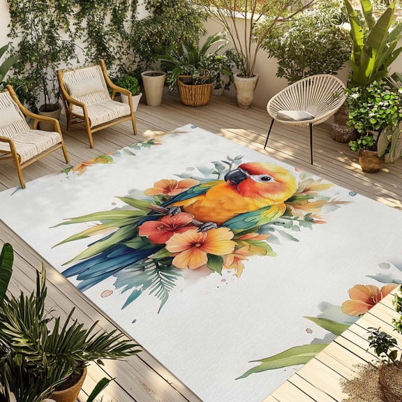 Parrot Floral Outdoor Rug 5x7 Ft - Reversible Patio Rug Outdoor Camping Rugs, Spring Summer Watercolor Wildflowers Washable Indoor Outdoor Area Rugs, Non-Slip Outdoor Carpet Runner for Deck/Porch