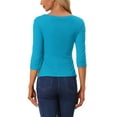 thumbnail image 3 of Blusa de mujer con fruncidos Inspire Chic, decoración de botones, cuello en V, manga 3/4, top de punto sólido, 2XL azul lago, 3 of 6