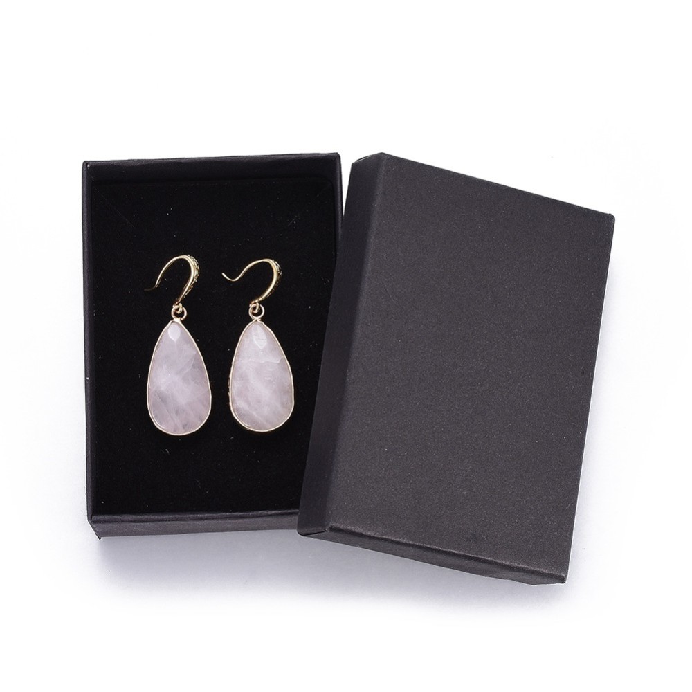 Teardrop Natural Rose Quartz Dangle Earrings with Brass Earring Hooks Packing box Real 18K golden Plated 45.5~46mm Pin: 0.7mm