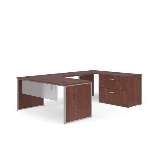 OFM Fulcrum Series Office Furniture Set, 66" U-Shaped Desk with Bridge, Credenza, Lateral Filing Cabinet, Leg Panels, Modesty Panels, in Cherry