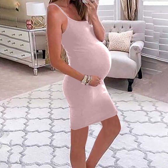Danhjin Pink Halter Dress for Maternity Off the Shoulder Solid Color Sleeveless Square Neck Dress Holiday Vacation Going Out Comfy Outfit Fashion Thin Loungewear Dress