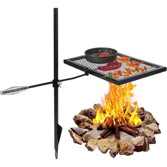 Lineslife Swivel Campfire Grill, Adjustable Heavy Duty Steel Grate Camp Grill with Carry Bag for Outdoor Cooking