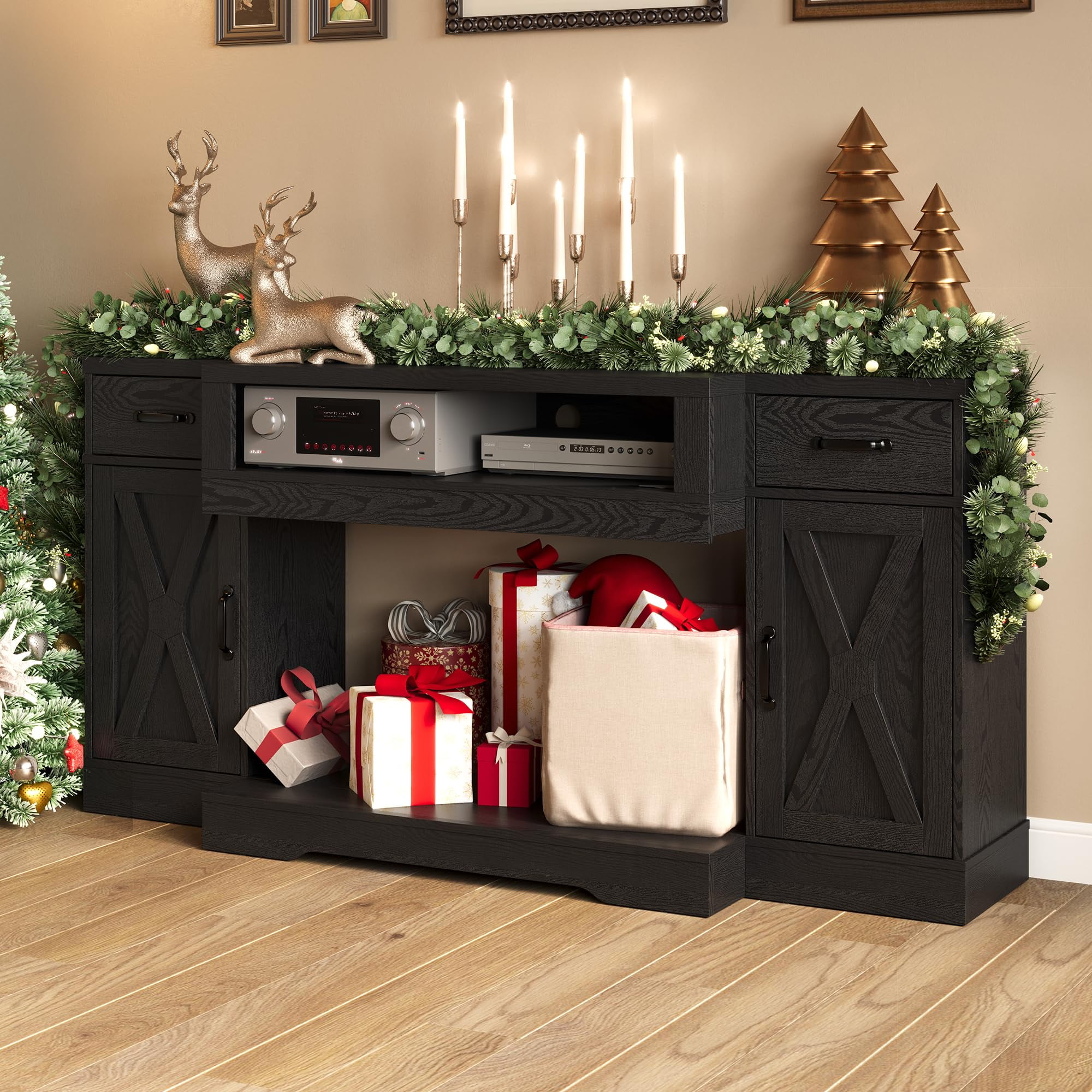 Heynemo Farmhouse TV Stand for TVs up to 75", Media Console Table with Adjustable Shelves, Double-Door Design, Black