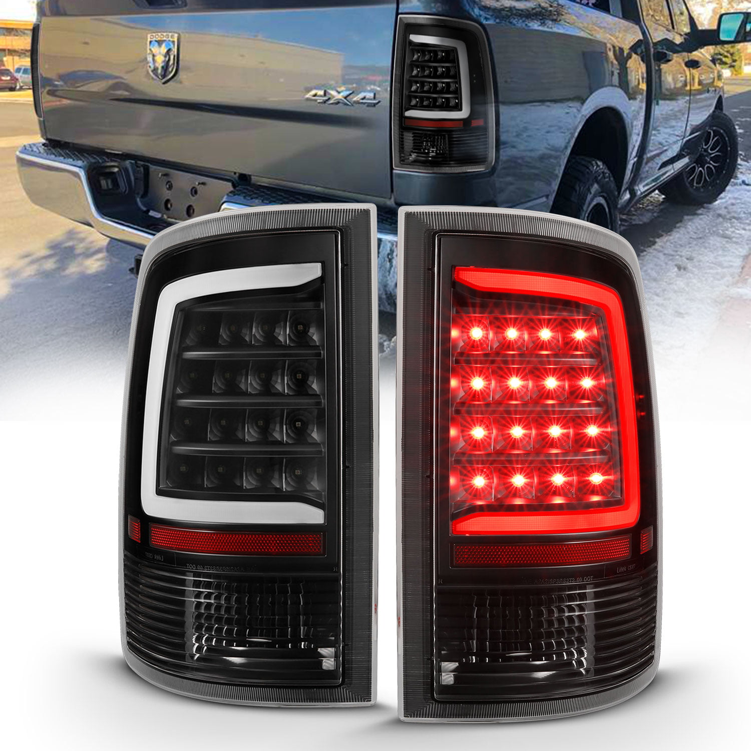 AmeriLite for 2009-2019 Dodge Ram 1500/10-19 Ram 2500 3500 Clear Black C-Type LED Tube Replacement Tail Light Assembly Set Passenger and Driver Side 