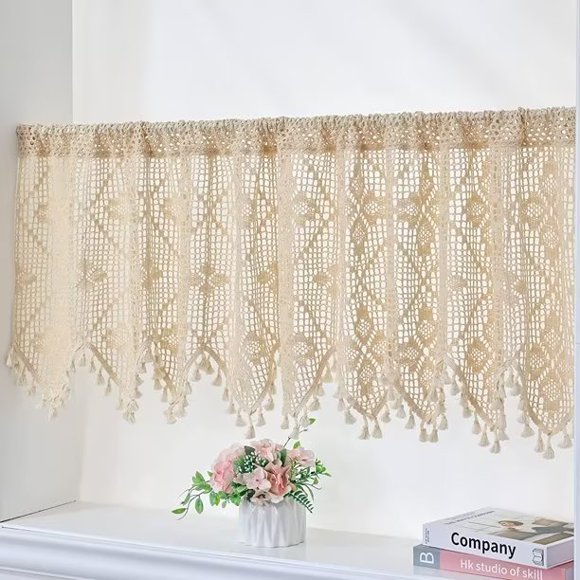 Curtains Pastoral Cotton Linen Boho Window Curtains Crochet Rustic Curtains, Christmas Gifts 17.7" x 70"