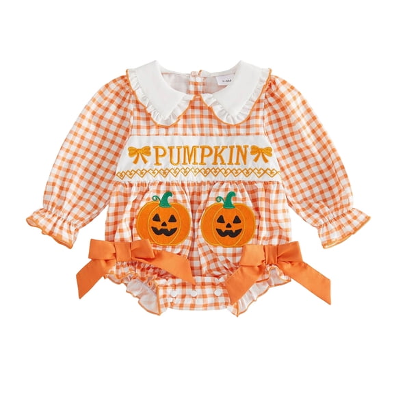 JFOPQVSM Girls Romper Halloween Pumpkin with Ruffle and Long Sleeves Holiday Bodysuit