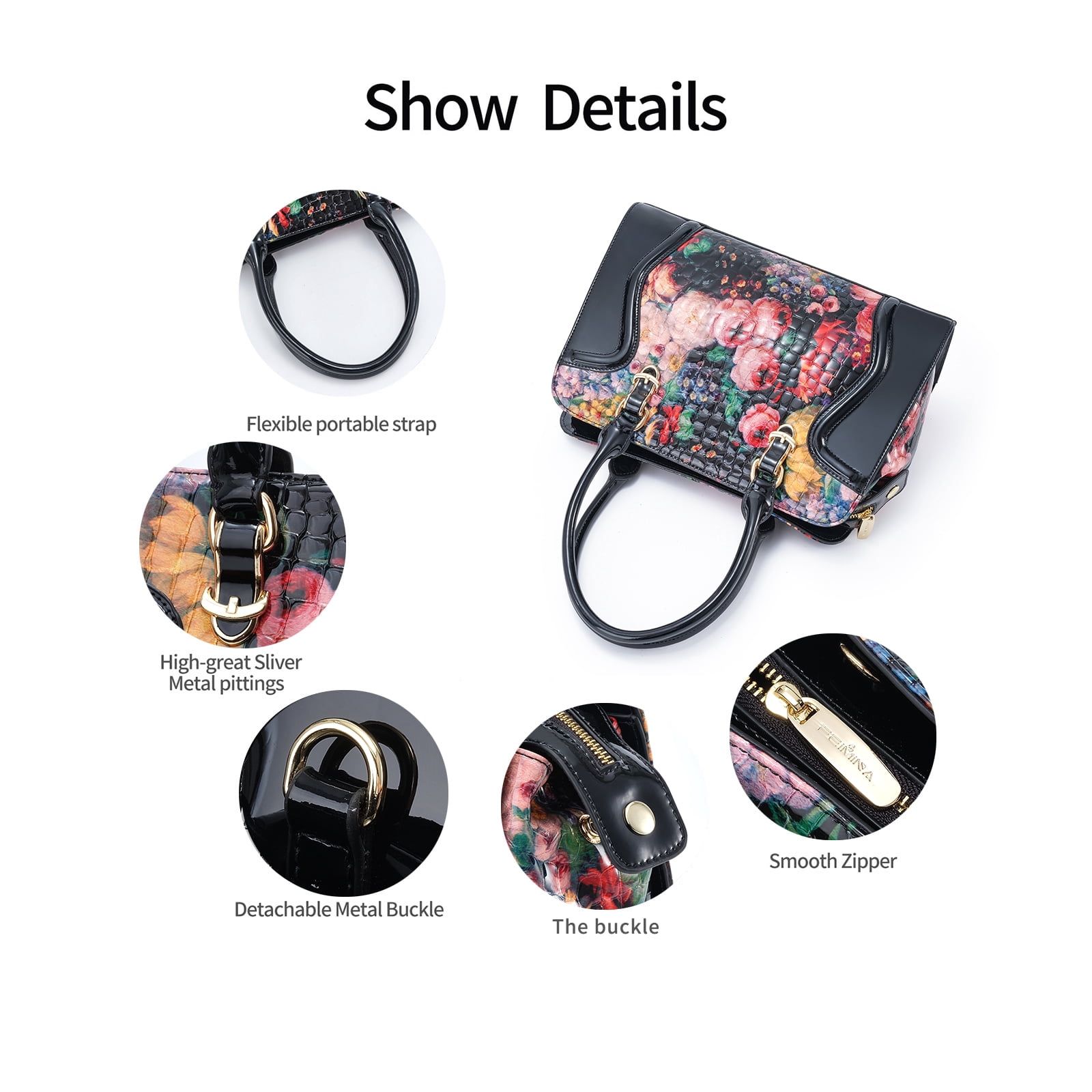 Feimina Black Rose Purse, Womens Floral Leather Tote Bag, Genuine Leather Handbags For Women, Large Purses And Crossbody Bag