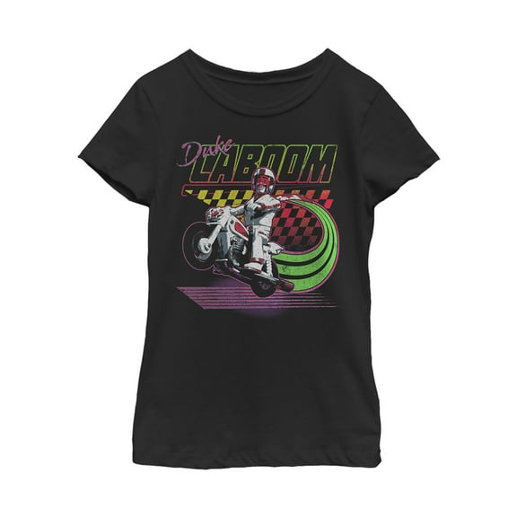 Girl's Toy Story Duke Caboom Neon Race Graphic Tee Black Medium