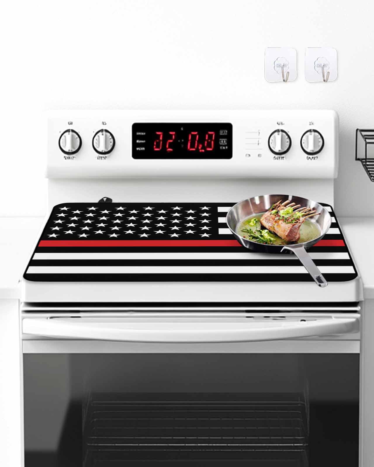 Stove Top Covers for Electric Stove, Red White Stripe Fireman American Flag Glass Stovetop Cover Protector, Fire Fighter USA Flags Induction Cooktop Protector Oven Mat for Kitchen Countertop 24"x21"