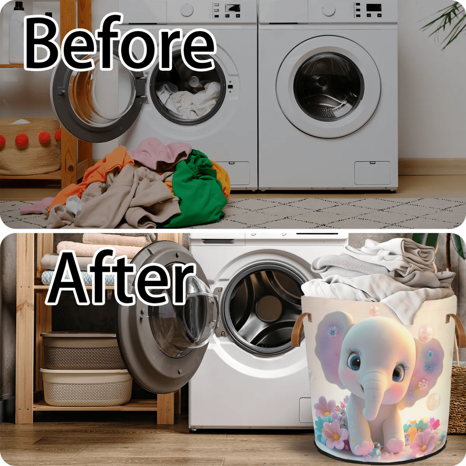 ADECORIVY Cute Baby Elephant Laundry Basket Flowers Waterproof Collapsible Hamper With Handles Oxford Cloth Dirty Clothes Tote for Bathroom, Bedroom, Living Room