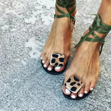 

Summer Ladies Ankle Strap Sandals Flat Clipped Toes Leopard Print Beach Ladies Casual Comfort Women s Shoes Plus Size Leopard Print Open Toe Flats - Lace Up Roman Sandals