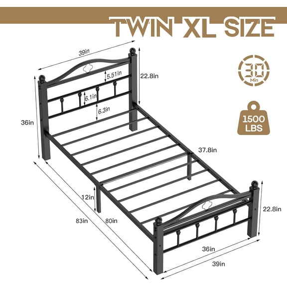 Twin XL Bed Frame with Headboard, 1500LBS Heavy Duty Metal Frame for Noise  Sleep and 12 Inch Under-Bed Storage Space