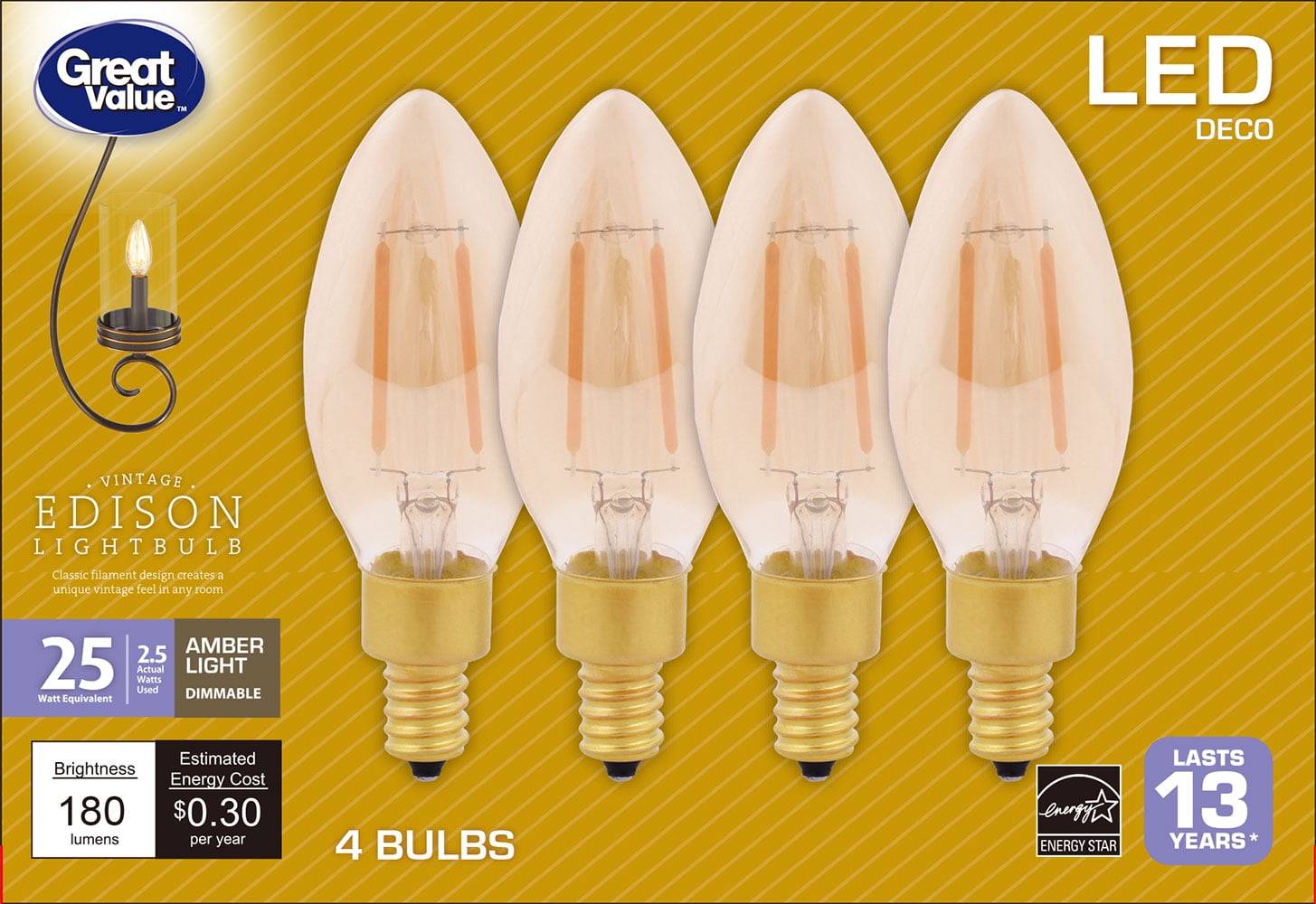 Great Value Decorative LED Vintage Candelabra Light Bulbs, 25W Eqv, Amber Light, 4 Count