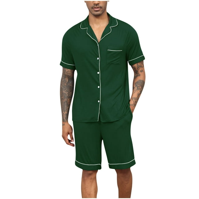 Mens Comfy Pajamas 2 Piece Modal Loungewear Set Short Sleeve Button down Shirt Sleeping Shorts Sets Summer Sleepwear Pjs Army Green, L