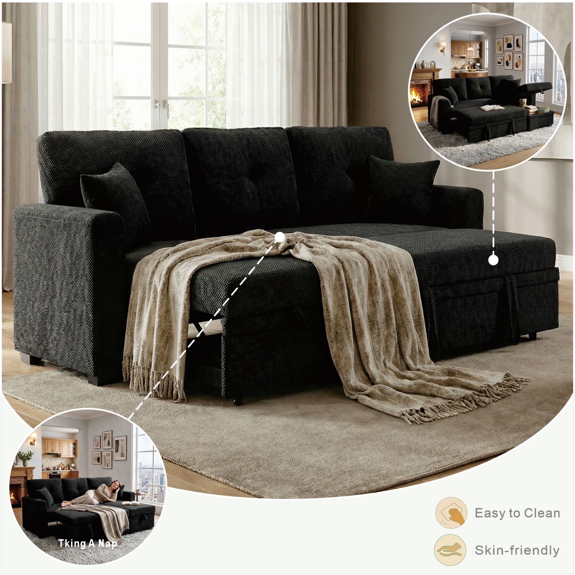 Noble House Sleeper Sectional Sofa with Pull-Out Bed, Reversible Storage Chaise, Black