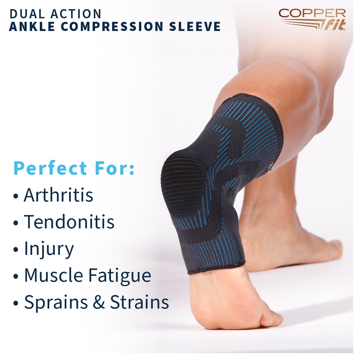 Copper Fit Dual Action Ankle Sleeve Brace, Advanced Relief & Recovery for Mobility, Arthritis, Tendonitis, Pain, Swelling & Inflammation, L/XL, Unisex