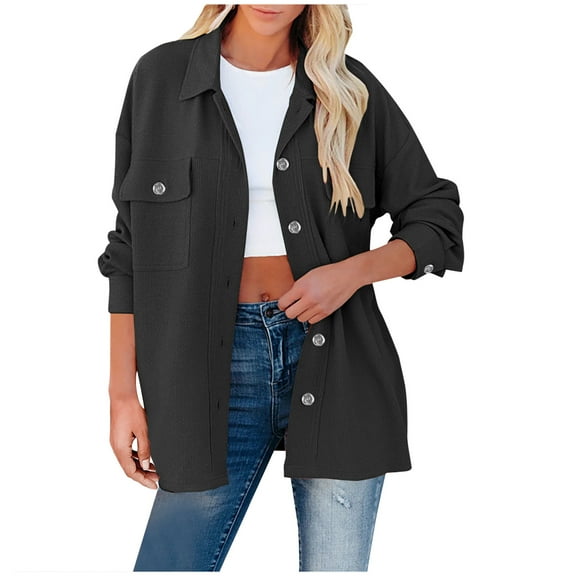 Herrnalise Jackets For Women Fashion Casual Pockets Sleeve Casual Solid Coat Cardigan Blouse Shackets For Women 2024 fall Black,L