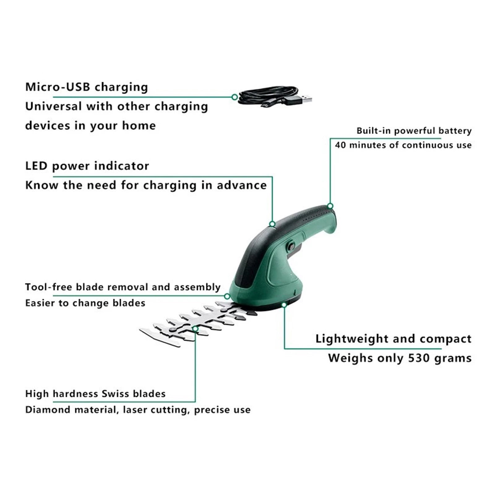 Cordless Garden Shears USB Rechargeable 3.6V Lithium-ion Electric Hedge Trimmer Tools With Shrub And Grass Blade ,2 IN 1 Trimmer & Edger