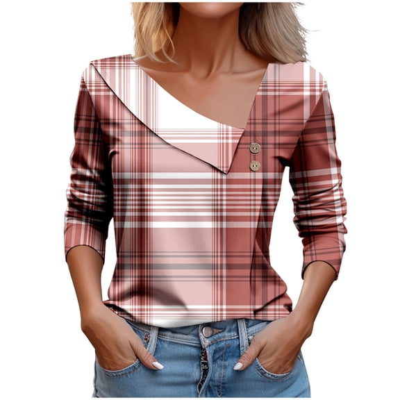 WREESH Womens Fashion Dressy Shirts V-Neck Side Button Printed Long Sleeved Shirt T-Shirt Pullover Multicolor