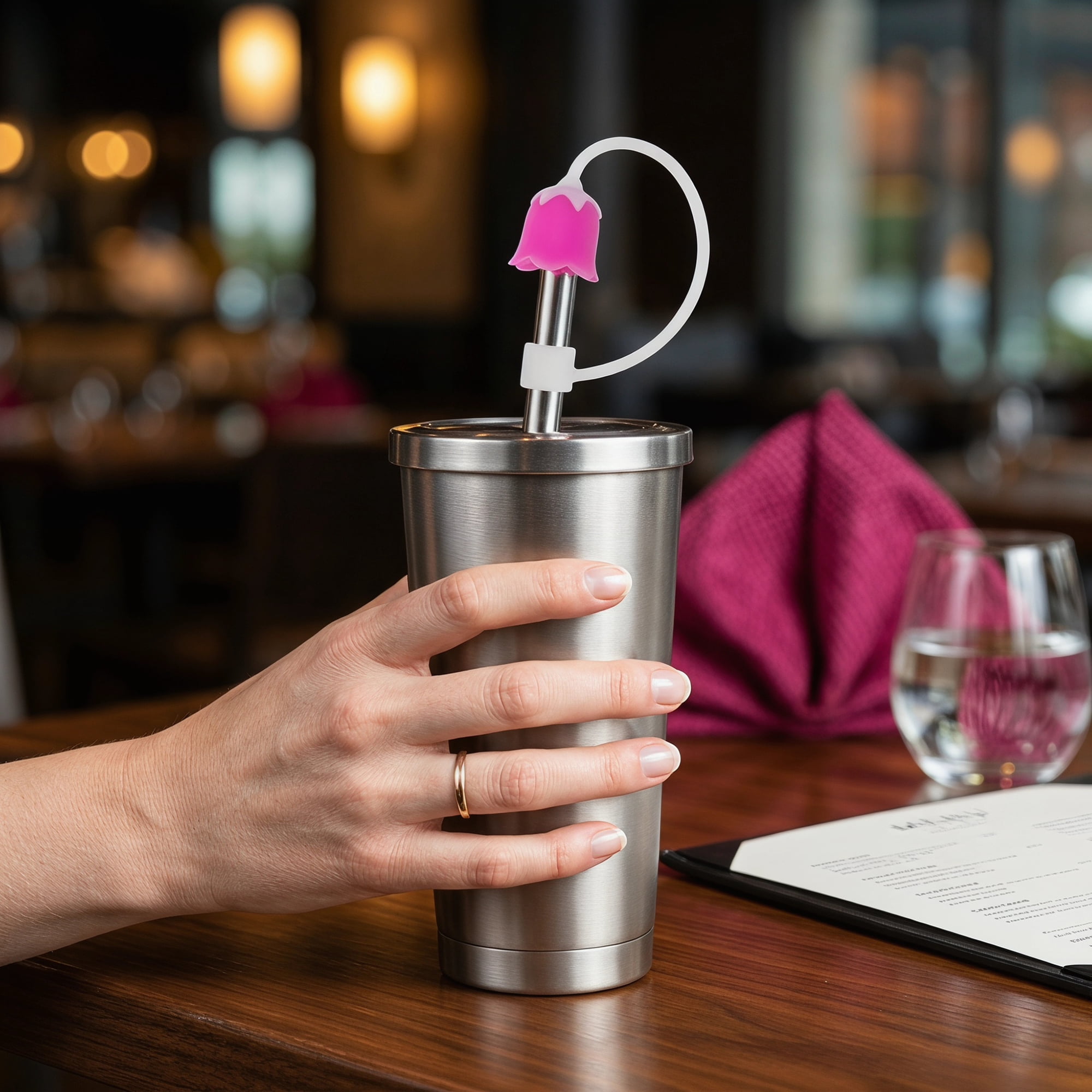 Unique Bargains Silicone Straw Caps Reusable Dust-Proof Toppers Rose red