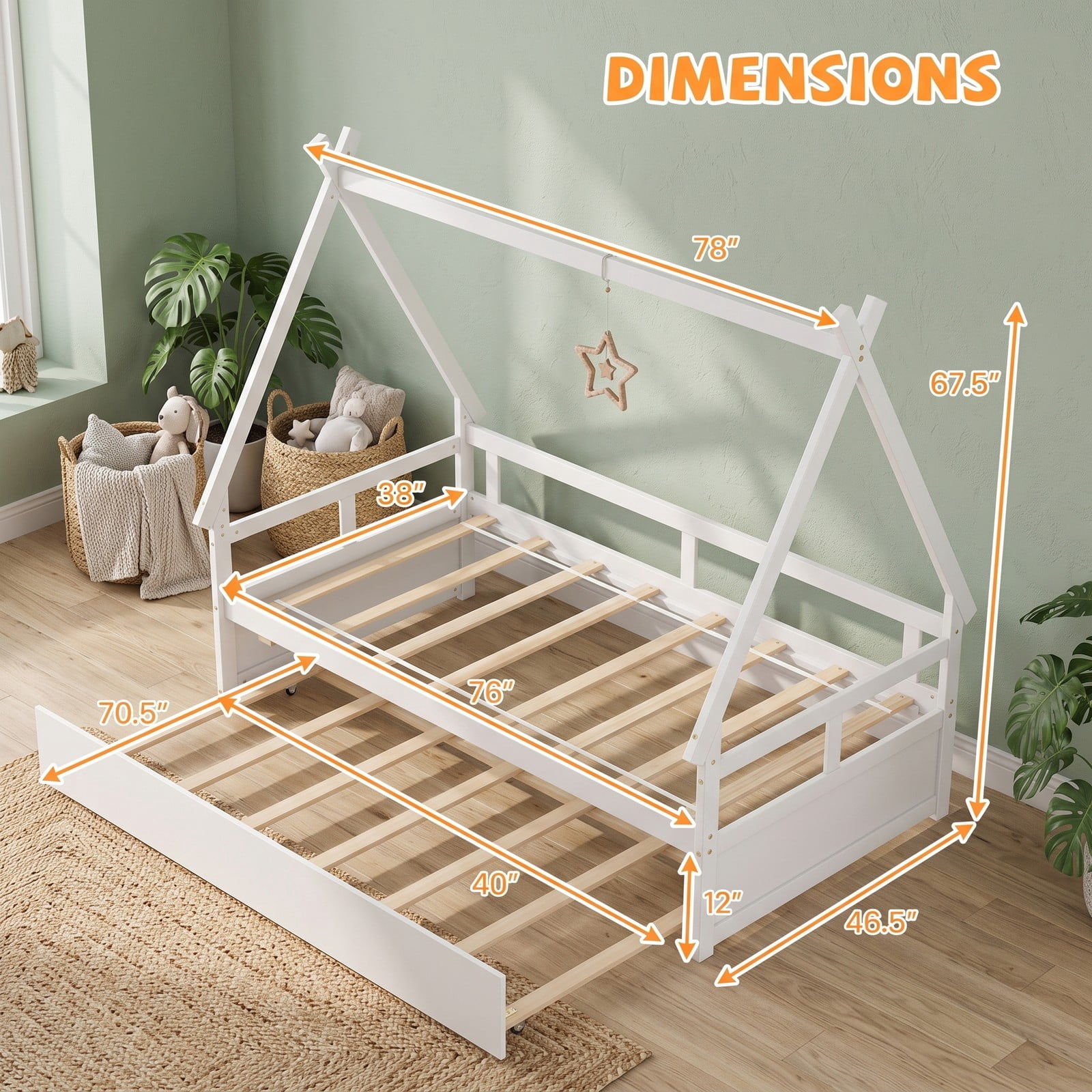 Furnibear Twin Bed Frame, Montessori House Bed with Pull Out Trundle, Safety Guardrail and Wooden Slat Support for Kids Room, White