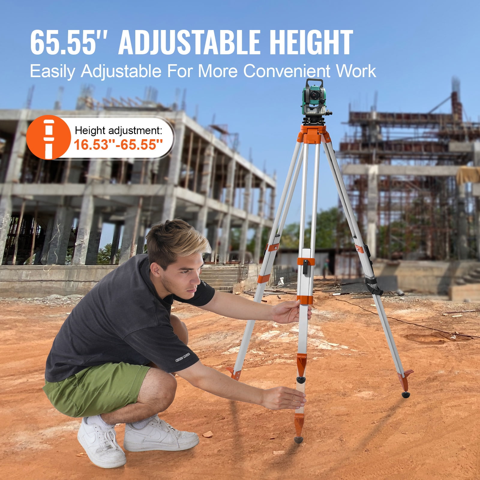 SKYSHALO Laser Level Support, 5/8"-11 Thread, Adjustable Height 16.53-65.55 inches, Durable Construction Survey Stand with Retractable Legs and Non-Skid Feet for Laser Level Scanning