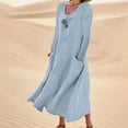 thumbnail image 2 of IROINNID Maxi Dress for Women Long Sleeve Print Cotton Linen Round Neck Pocket Dress Savings,Sky Blue, 2 of 5