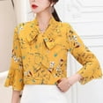 thumbnail image 5 of Floral Printed Bow Chiffon Shirt Spring Summer Three Quarter Flare Sleeve Blouse, 5 of 8