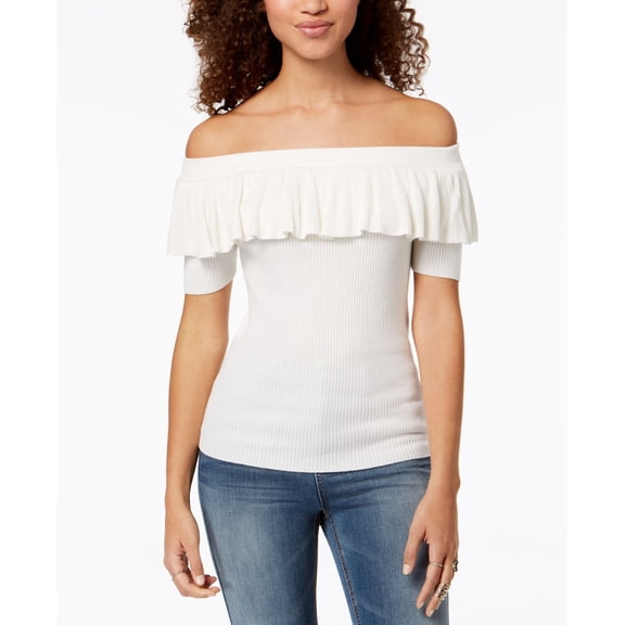 Hooked Up By Iot Juniors Off The Shoulder Flounce Sweater Spiritual Vanilla L