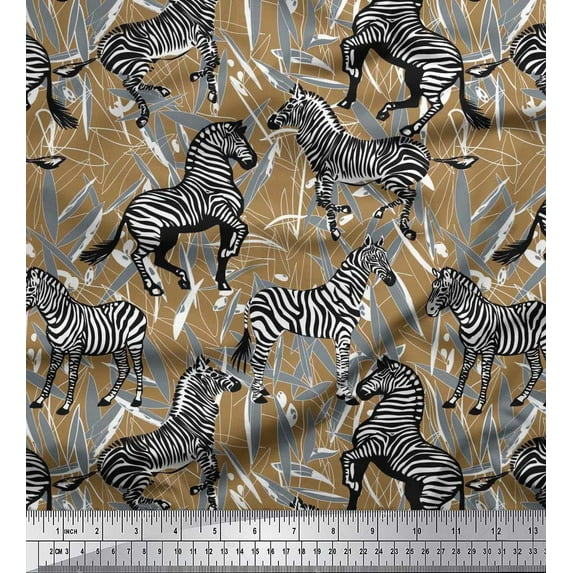 Soimoi Brown Satin Silk Fabric Leaves & Wild Animal Printed Craft Fabric by The Yard 42 Inch Wide