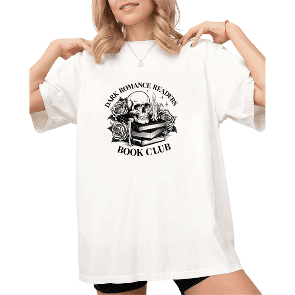 White Gothic Skull Rose Book Stack Print T-Shirt Graphic Tees Shirts Dark Romance Gift S-5XL Tops