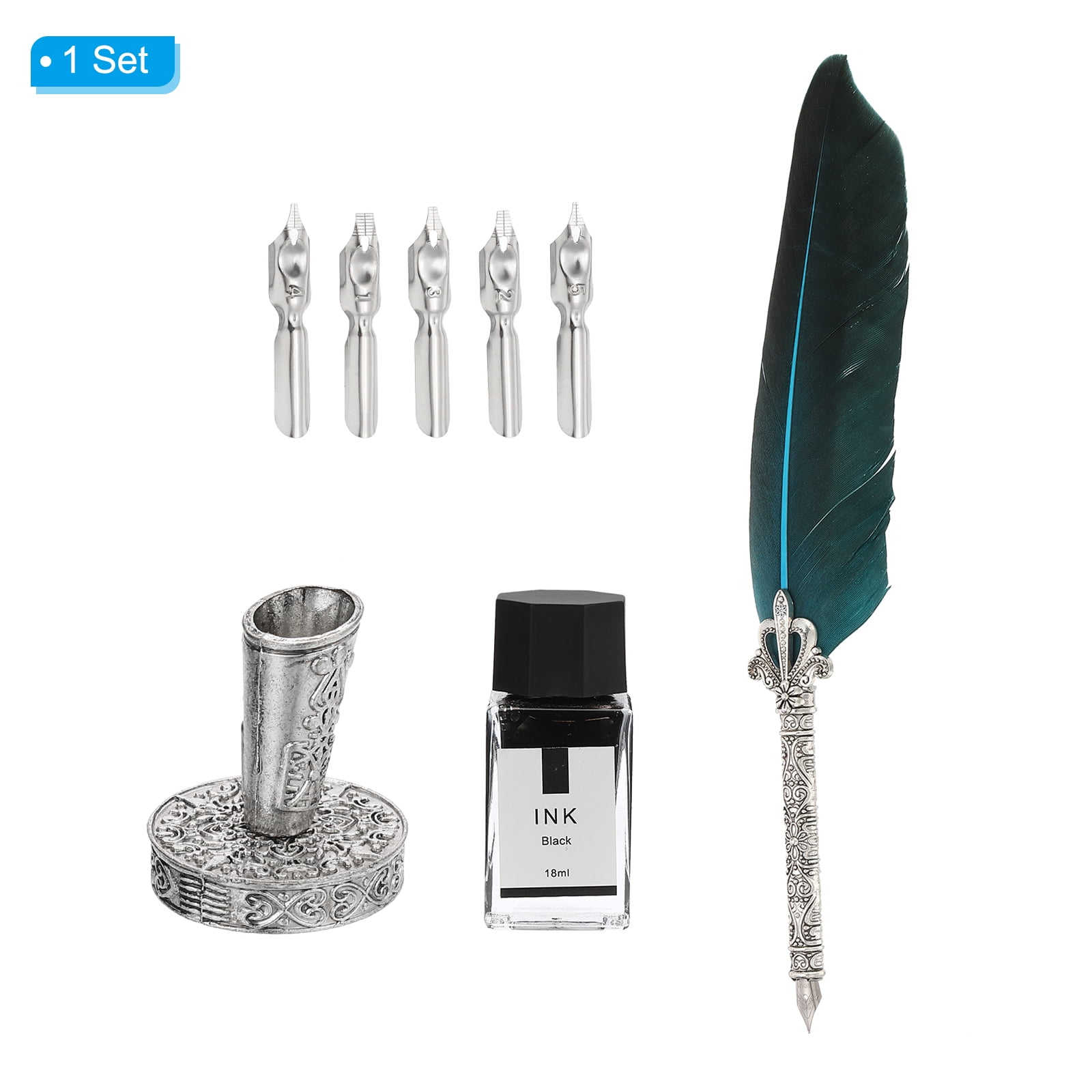Uxcell 26cm/11" Carved Feather Pen Set, Quill Pen with Ink Set 5 Replacement Nibs Stand Base for Calligraphy,  Lake Blue