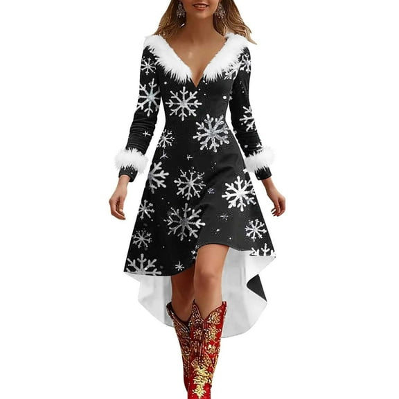 MaFYtyTPR Christmas Women's Dress Ladies' Christmas Printed V-neck Plush Fringed Long Sleeved Dresses Black L