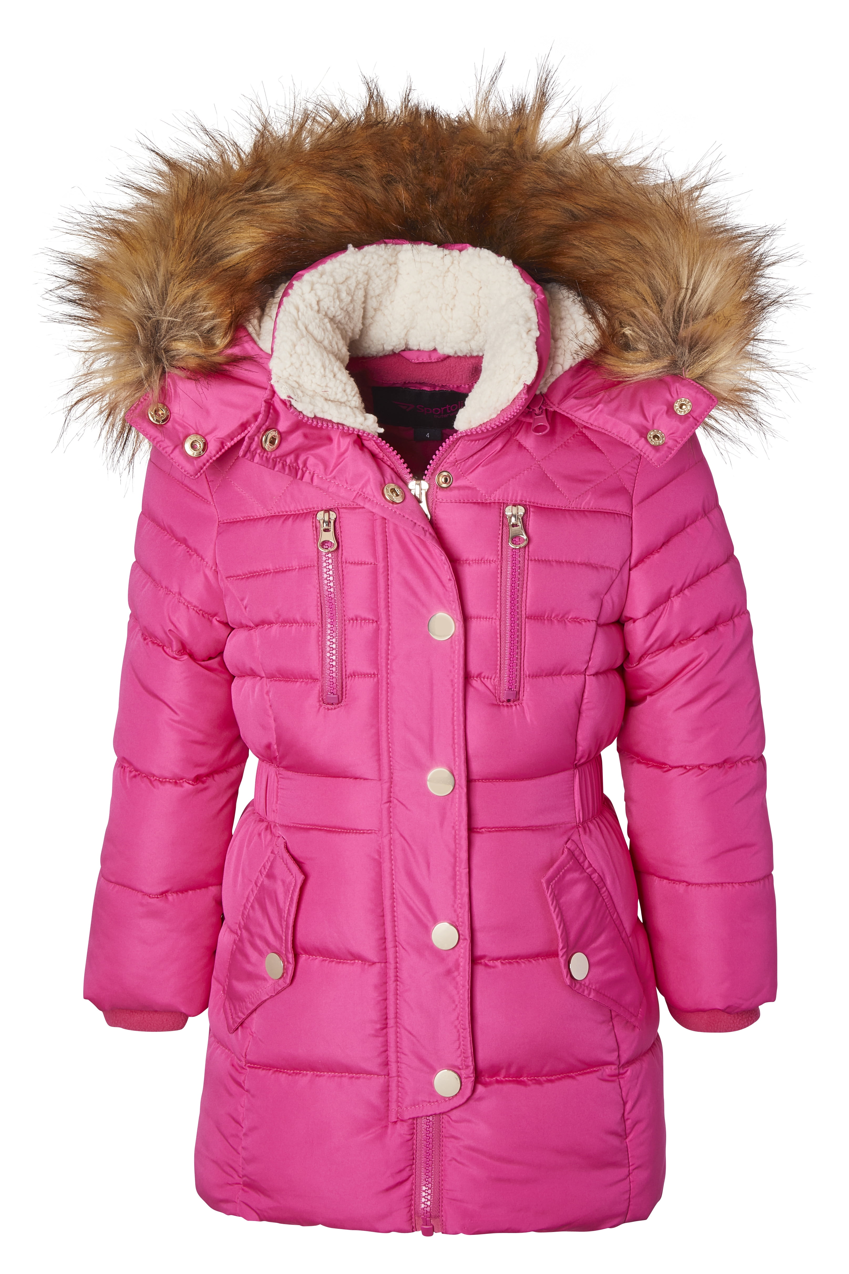 Girls Fleece Lined Quilted Midlength Winter Puffer Jacket Zip-Off Sherpa Hood