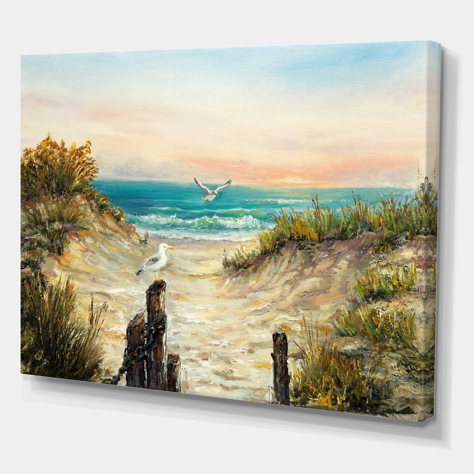 Designart ' Ocean Dunes During Pink Sinset on Beach ' Nautical & Coastal Canvas Wall Art Print