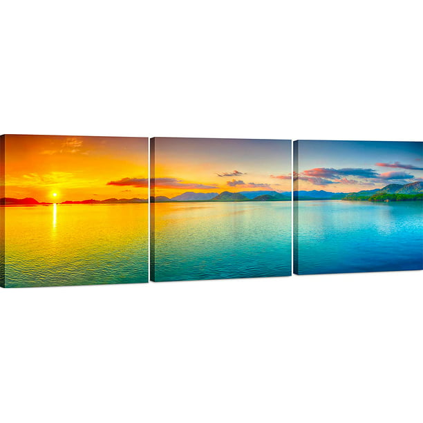 Canvas Wall Art Decor 16x16 3 Piece Set Total 16x48 Inch Panoramic Coastal Ocean Sunset Decorative - Sunset Wall Art Set Of 3