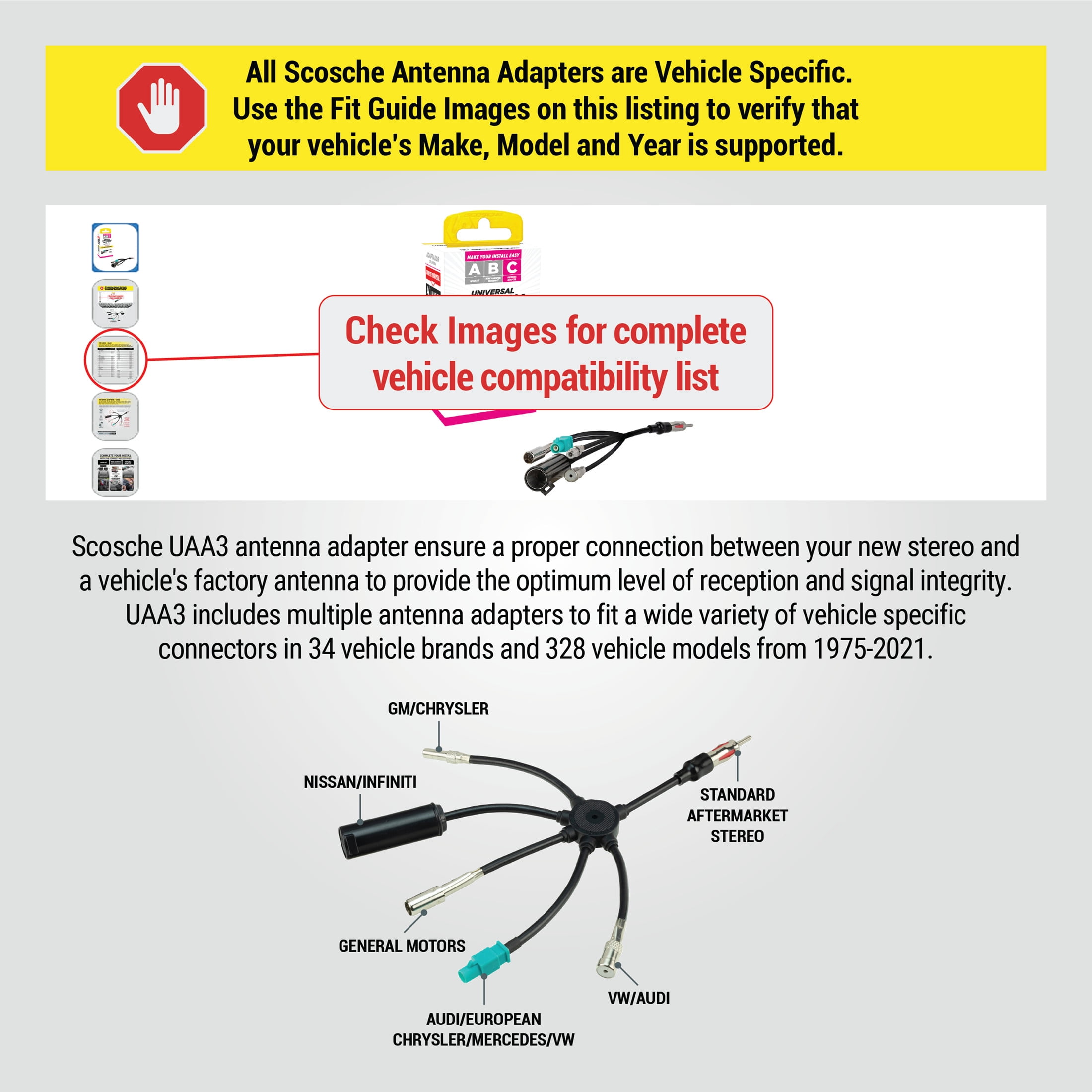 Scosche Multi-Vehicle All-in-One Antenna Adapter Compatible w/ Most Domestic & Import Vehicles UAA3