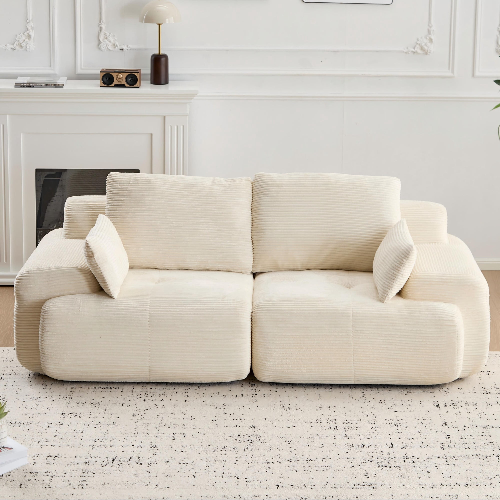 Leumius Modern Compressed Sofa,2 Seater Memory Foam Sofa Couch,Corduroy Extra Deep Loveseat Sofa for Living Room,Beige