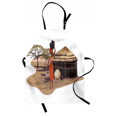 - African Woman Apron Native Woman Carrying a Pot Hut Tree Natural Landscape Village Illustration, Unisex Kitchen Bib Apron with Adjustable Neck for Cooking Baking Gardening, Multicolor, by Ambesonne