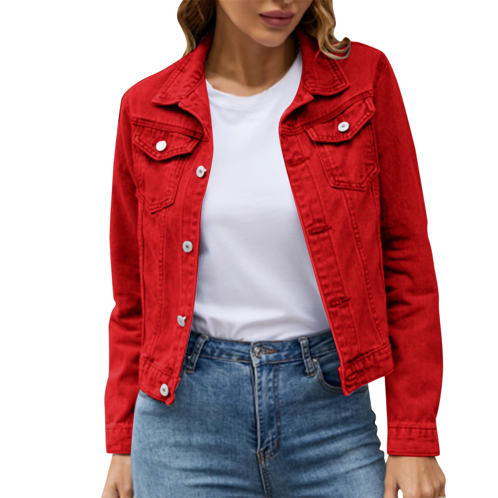 Noarlalf Denim Jacket for Women Solid Color Button Down Denim Cotton Jacket  With Pockets Women'S Denim Jackets Red Xl