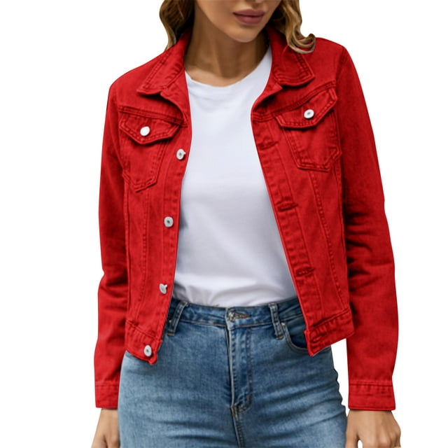 iOPQO womens sweaters Women's Basic Solid Color Button Down Denim Cotton Jacket With Pockets Denim Jacket Coat Women's Denim Jackets Red L