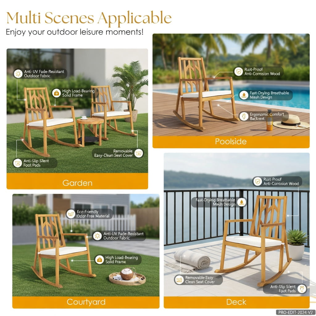 Hommoo Acacia Wood Patio Rocking Chair Sofa with Removable Cushion, Natural Wood Frame, Outdoor Garden & Deck Seating for Backyard, Poolside, Porch, White
